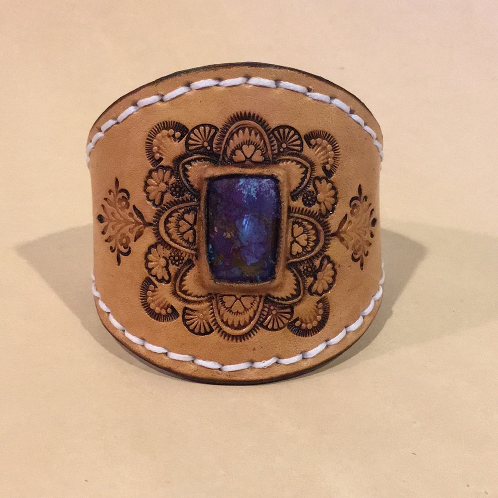 Tooled Leather Bracelet w/ Purple Mojave Turquoise Inlay Boho Festival Chic